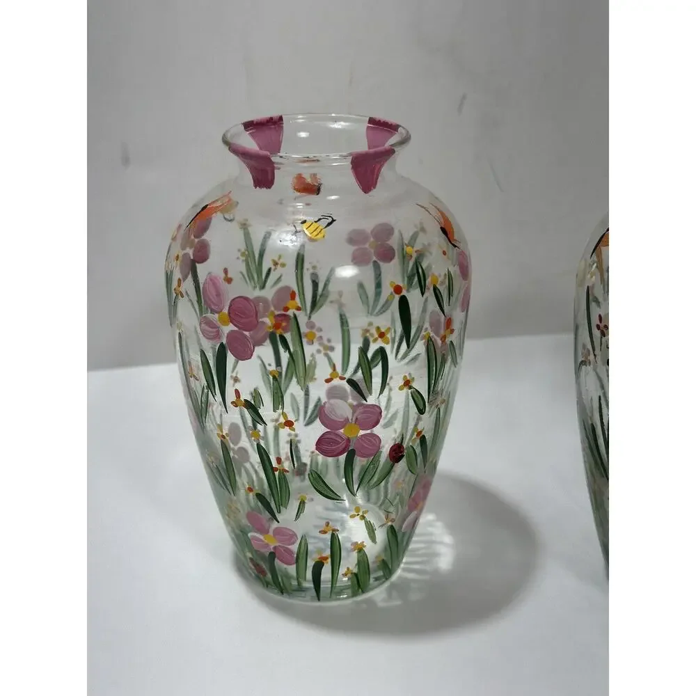 Set Of 2 Vintage Small Hand‎ Painted Floral Clear Glass Vase Signed K. LaRussa